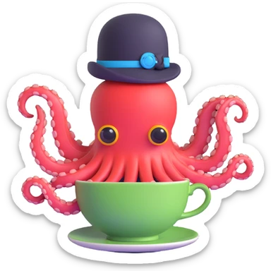 cybernetic octopus wearing a teacup as a hat sticker