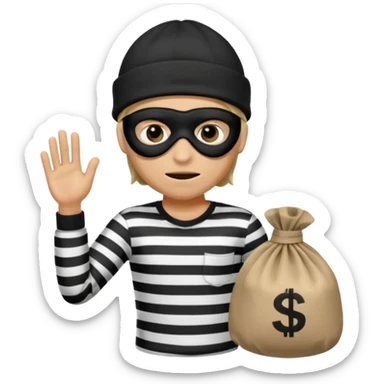 running robber wears black eye mask, black beanies and black and white stibes shirt with one brown money bag beside him sticker