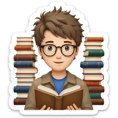 generate an ios genmoji of a fair 20 year guy with faint beard, spectacles, messy hair, books in hand sticker