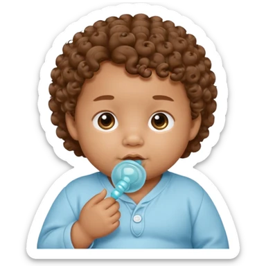 Close-up, newborn baby boy, curly hair, pacifier sticker