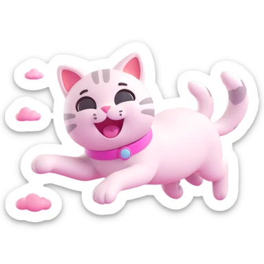 playful cat gliding among pink clouds, 3D emoji style sticker
