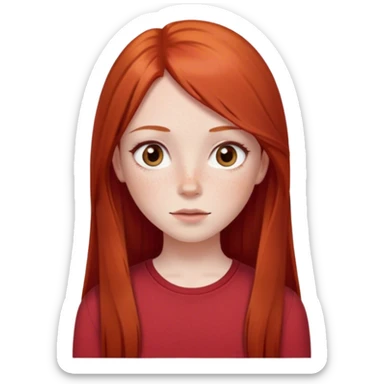 Girl with long straight red hair and dark brown almond eyes and freckles, pale skin, cute red top sticker