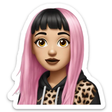 Hyperrealistic white girl with long black hair with a pink fringe and has eye makeup on, she is wearing a black and leopard print hoodie  sticker