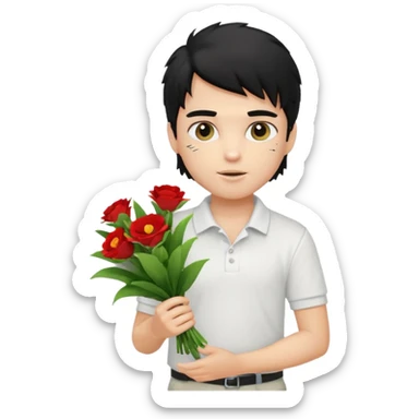 generate a pretty fair bratz boy with a messy mullet (black hair), wearing a white polo.  carrying a bouquet made of money sticker