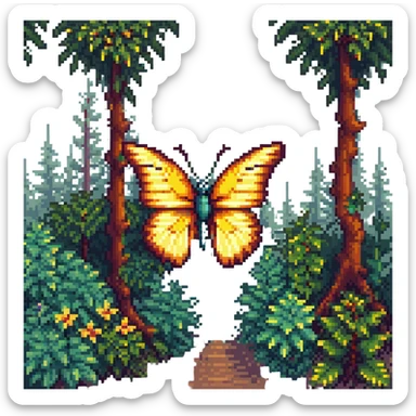 pixel art butterfly among trees and plants, forest background sticker