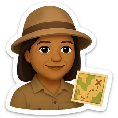 Reduce wrinkles on the face, keeping only a few light wrinkles around the eye corners and mouth to make her look about 55 years old. Maintain the emoji style look with brown skin, an archaeological hat, and a small map beside her. Keep the background transparent. The original style is emoji, but since emoji style does not support editing, use the general style editor while preserving the emoji style appearance. sticker