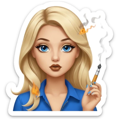 blonde balayage gorgeous girl blue eyes long hair with latina makeup smoking a cigarette and blowing smoke baddie winged eyeliner  sticker