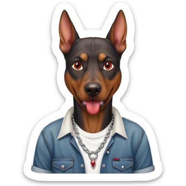 Generate a emoji of a big evil doberman dog with red eyes and a tongue sticking out, give the doberman a human body with a white shirt and baggy jeans, make the doberman have ear piercings and a septum ring sticker