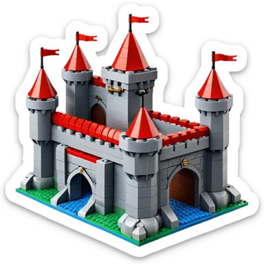 A photorealistic icon featuring a large medieval castle built from LEGO bricks, with detailed textures of the bricks, turrets, and drawbridge. The design captures the creativity and intricacy of LEGO construction with vibrant colors and realistic lighting. Transparent background sticker