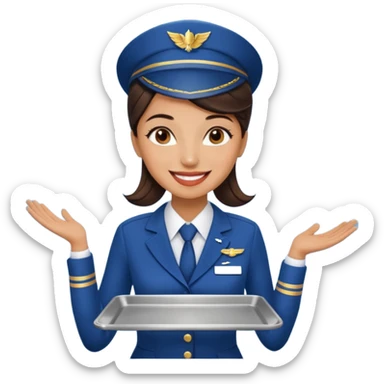 A female professional flight attendant holding a service tray, sticker