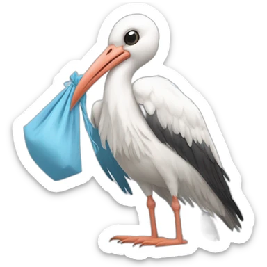  white stork carrying a light blue bundle of cloth in its beak that has a human baby with dark hair and the baby face is peeking out from the cloths bundle the strok is carrying with its beak sticker