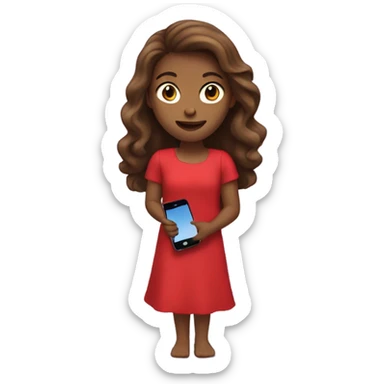 a white girl with log brown hair in a red dress holding a cell phone showing it sticker