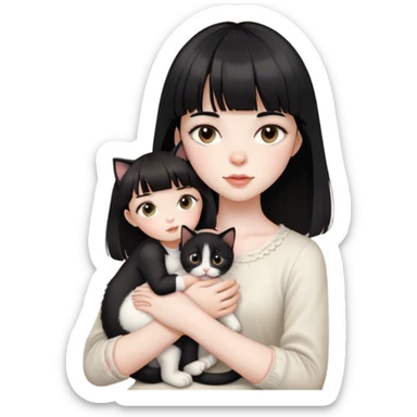 a very pale white feminine girl with medium black hair with bangs with big light brown eyes looking like a porcelain doll with a black kitten on her lap sticker