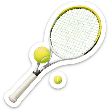 A tennis racket with a bright yellow tennis ball resting on it, set against the backdrop of a well-maintained tennis court. The scene emphasizes the smooth lines of the court and the focus on the ball and racket, symbolizing the elegance and precision of the sport sticker