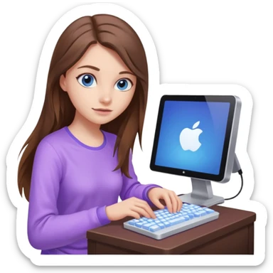 beautiful girl with long brown hair, blue eyes and wearing light purple clothes playing computer games sticker