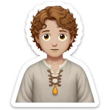 Medieval spring outfit worn by a DnD themed fantasy male character. Pale gray linen tunic with gathered sleeves, adorned with wooden toggle buttons at the collar. Clothes only above the waist, full waist coverage. The character has no arms. Character is white-skinned with honey-brown hair, amber eyes, and short curly hair that frames the face. sticker