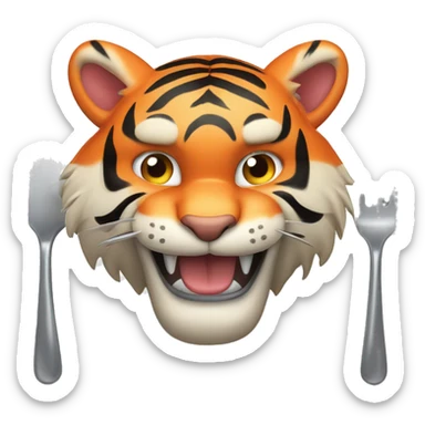 a muscular grinning tiger holding a fork poking into a fillet of salmon with the tip of its paws sticker