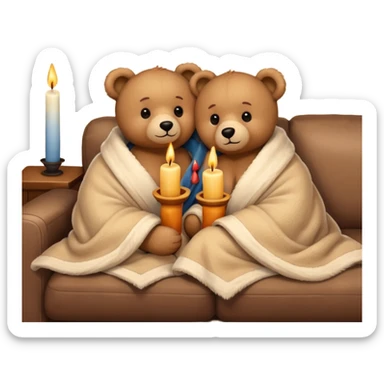 Two cozy teddy bears cuddling wrapped in a blanket watching tv on couch with candles next to them sticker