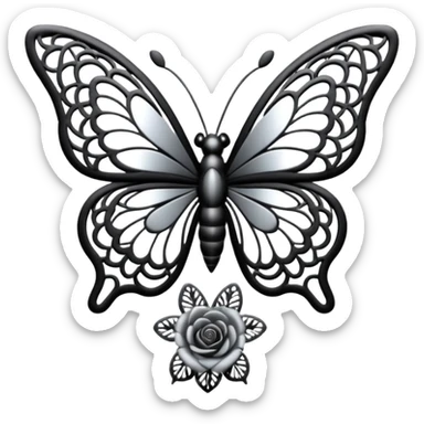 Black and silver filigree rose with a stunning butterfly, 3D, extremely detailed design sticker