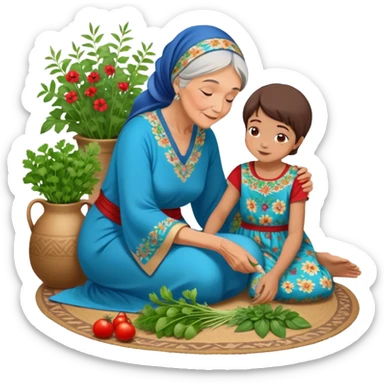 intergenerational moment between a grandmother and her granddaughter, deeply rooted in tradition. The young woman, dressed in a beautiful blue kaftan, sits on the floor carefully picking fresh herbs or greens, while the grandmother, wearing a red headscarf and floral dress, gently guides her. sticker