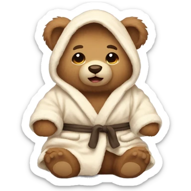 Light Brown fluffy stuffed bear sitting wearing a cream bathrobe with bunny ears on it sticker