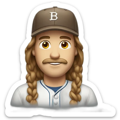 white man with long brown hair and baseball cap and mustache sticker