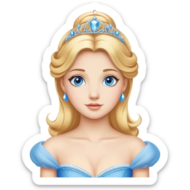 Cinematic Realistic Comical Cinderella Portrait, with every detail rendered realistically—from the soft, smooth texture of her fair skin to her artfully styled golden-blonde hair. Her bright blue eyes are wide with playful disbelief, and her expression carries a touch of whimsical humor while retaining elegant poise. Her classic ball gown, detailed with rich fabric textures and natural shadows, catches the light in a way that blends refined beauty with a hint of cheeky mischief, creating a striking, lifelike portrayal. sticker