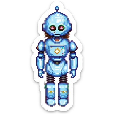 shoulders-up portrait of a cute female recruiter robot, 8-bit pixel art style, metallic, talking, one hand in the air, with long eyelashes sticker