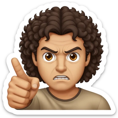 Angry tan man with big dark curly brown hair and brown eyes pointing at me sticker