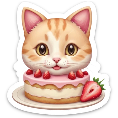 A cute cat happily eating a slice of strawberry cake, pastel color palette, soft shading, big sparkling eyes, kawaii style, highly detailed digital illustration, cozy atmosphere
, sticker
