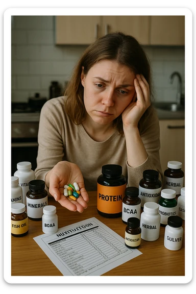a woman in her 30s sits at her kitchen table, surrounded by dozens of supplement bottles, powders, and pills. She looks anxious and fatigued, with her head resting in one hand while the other holds a handful of colorful capsules. On the table, a nutrition chart is ignored, and her skin appears slightly dull or stressed. The mood is cautionary and educational. in italiano sticker