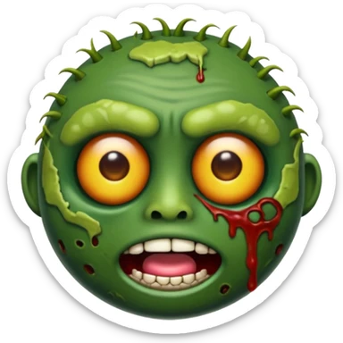 emoji de zumbi realista estilo 3D, pele verde podre, cicatrizes, olhos brilhando, expressão assustadora, fundo transparente sticker