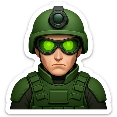 Make the white-skinned male soldier look even cooler and more intimidating, wearing stylish green gear, a distinctive modern helmet, and night vision goggles. Render in emoji style with no background (transparent). sticker
