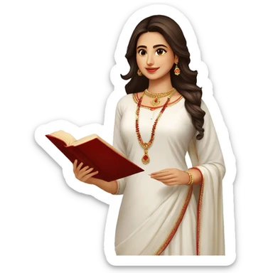 A modern women wearing white Kurti no embroidery red dupatta no jewellery and book in hand sticker