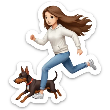 A beautiful girl with long hair wearing a white sweatshirt and jeans is running with a Doberman sticker