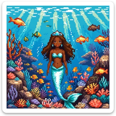 Dark brown skin beautiful mermaid princess in ocean setting with coral reef and fish sticker