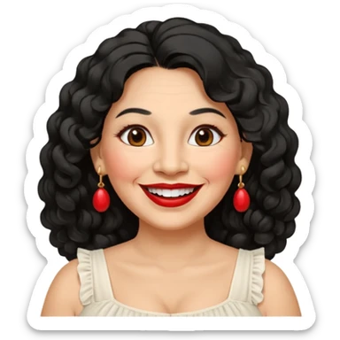 60 yr old peruvian woman, slightly chubby, wavy/curly long black hair, red lipstick, big smile, white teeth, brown eyes, hoop earings, side part to hair, round face, pretty white dress sticker