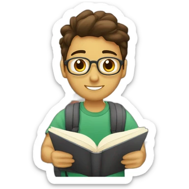 joven estudiante sentado sobre sus libros y cuadernos que son muchos y con un libro en sus manos y sobre su cabeza, de piel blanca y con su mascota sticker