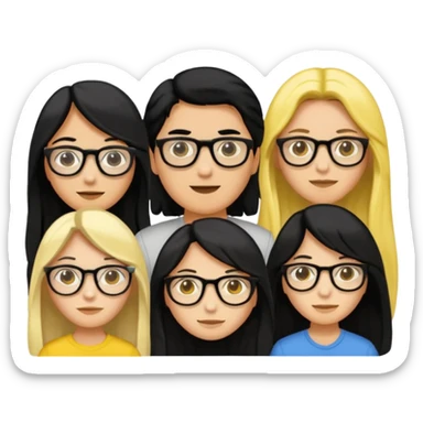 4 persons， 2 female， 2 male, 2male in the middle and 2 female in the side, one female wearing glasses and is black hair, yellow skin, both female are long hair sticker