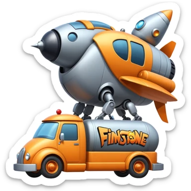 Heroic superhero Flintstone’s futuristic rocket-powered tall robot moving van (motto: Bombing creepy bugs is fun) sticker