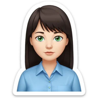 50 yr old woman, blue green eyes, long straight dark brown hair, business shirt, chubby, bangs sticker