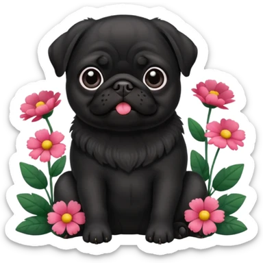 black pug sitting with flowers in the background sticker
