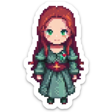 Silent Hill character emote for Twitch, pixel art style, featuring Maria with a mysterious smile sticker