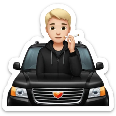 a hansome Leaning on the hood of his black SUV with a cigarette sticker