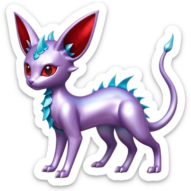 Mechanical Silvery Iridescent Miraidon-Espeon-Mewtwo-Vaporeon-Fakémon-hybrid-creature (full body)  with red eyes and intricate markings sticker