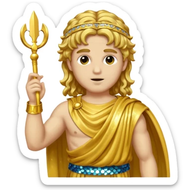 Mercury from Roman Deities with long gold wavy hair, gold sequin toga sticker