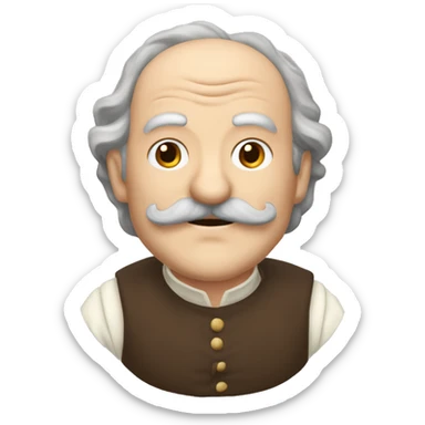 Short pudgy old man over enthusiastic happy excited face bald forehead long wavy gray and brown brunette long wavy hair moustache Shakespearean dress vintage clothes hamlet small arms sticker