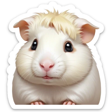 Cinematic Cute White Guinea Pig Portrait Emoji, Head tilted playfully and inquisitively, showcasing a silky, immaculate white coat with a natural glow, round, sparkling dark eyes filled with curiosity, Simplified yet irresistibly adorable features, highly detailed, glowing with a warm, friendly light, high shine, affectionate and lively, stylized with a touch of whimsy, bright and endearing, soft glowing outline, capturing the essence of a mischievous yet loving guinea pig, so playful it feels like it could nuzzle out of the screen and into your arms! sticker