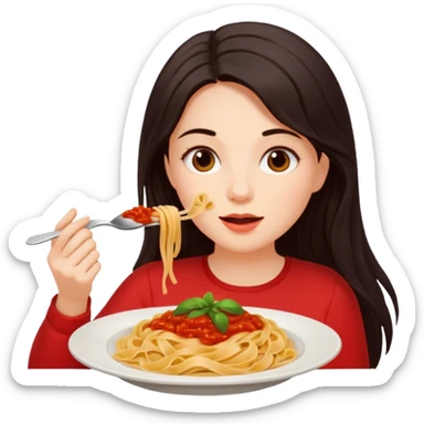 chica joven con piel clara y pelo oscuro largo comiendo un plato de pasta sticker