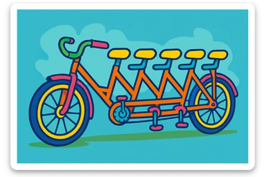 whimsical and fun 5-seater bike with five seats in a row, each with handlebars, playful and colorful style sticker